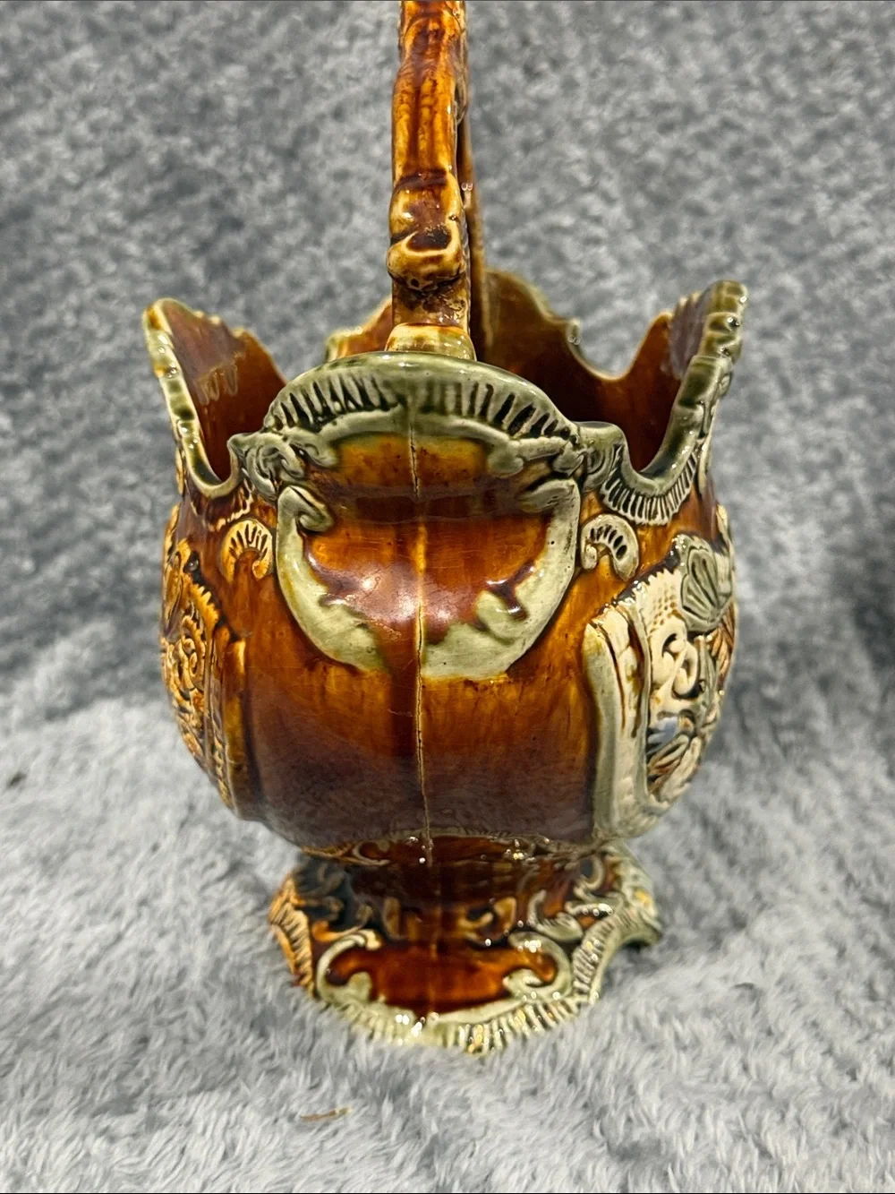 Ornate Brown and Cream Decorative Ceramic Basket
